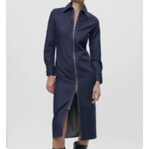 ZARA Denim Double Zipper Fitted Midi Long Sleeve Dress Size Medium
